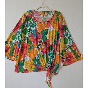 Ruby Rd Woman Tropical Floral Print Sequin Neck Kimono Sleeve Tie Front Top 1X